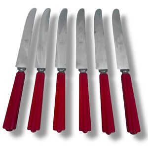 Vintage Betsy‎ Ross Red Bakelite Handled Dinner Knives Lot 6 Stainless Steel
